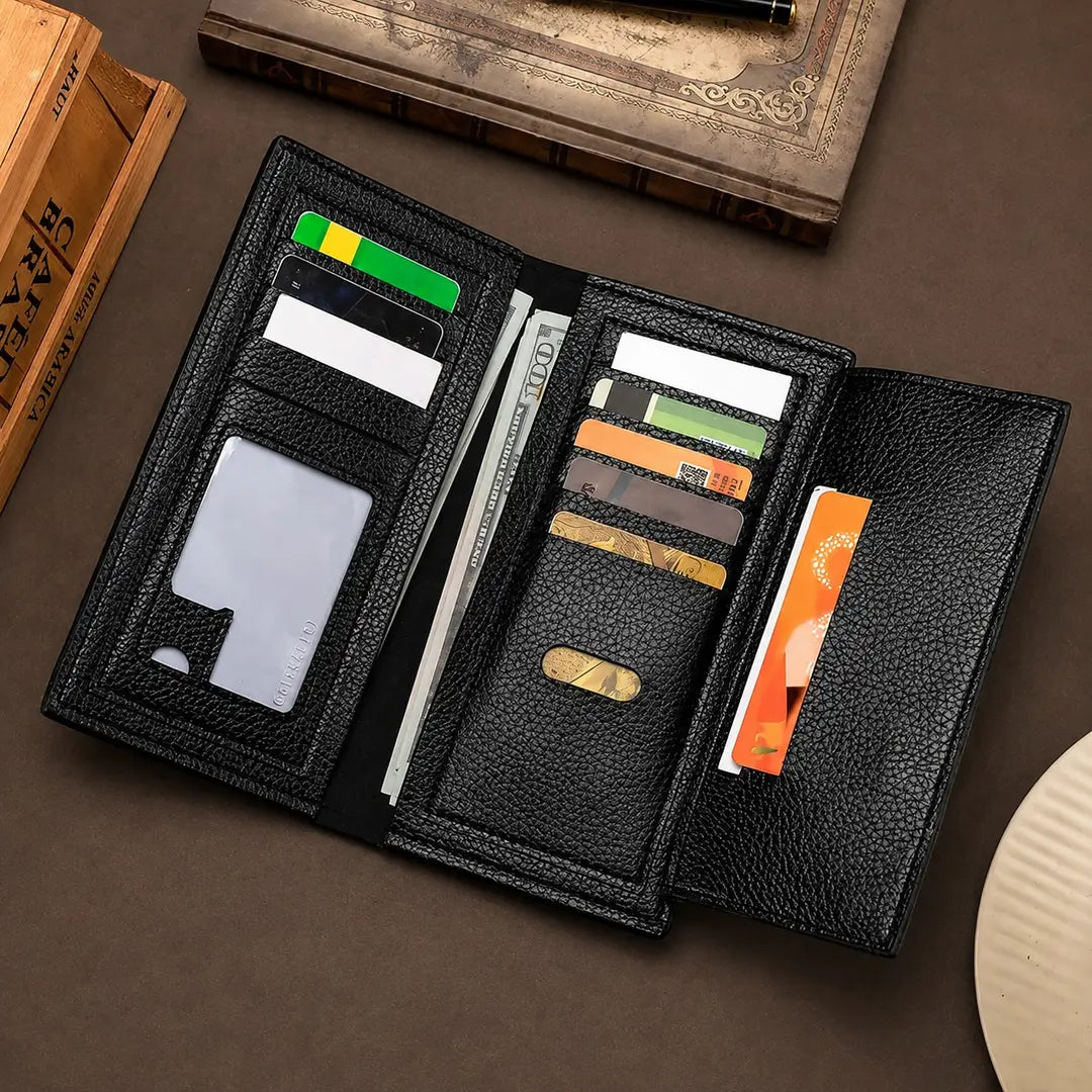Men's Long Leather Wallet – Honeycomb Design Multi-Card Bifold Purse