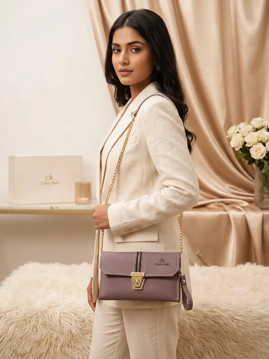 Elegant sling bag multiple angle view with gold hardware