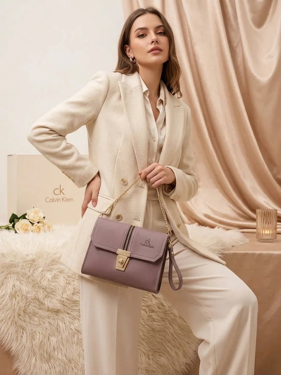 Mauve purple crossbody sling bag with gold chain strap