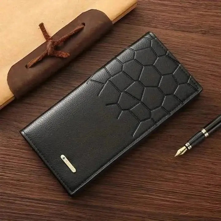Men's Long Leather Wallet – Honeycomb Design Multi-Card Bifold Purse