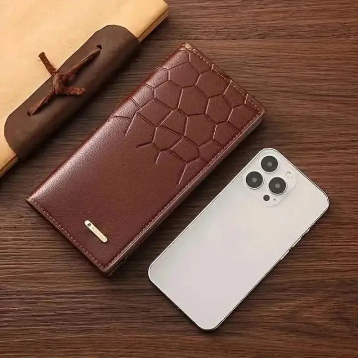 Men's Long Leather Wallet – Honeycomb Design Multi-Card Bifold Purse