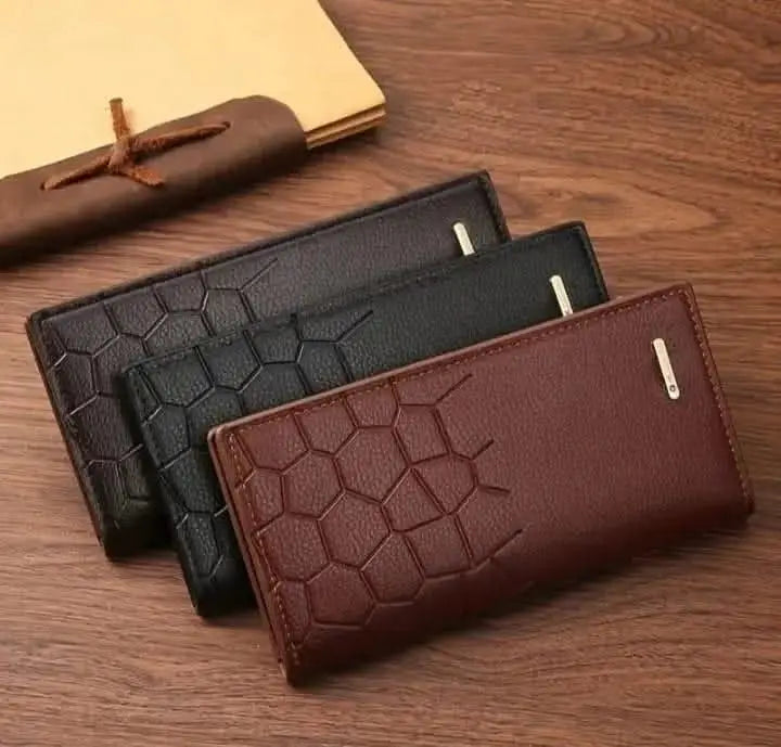 Men's Long Leather Wallet – Honeycomb Design Multi-Card Bifold Purse
