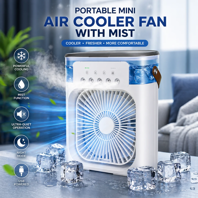 Portable Mini Air Cooler Fan with Mist – Cooling Fan with Water Tank & Night Mode